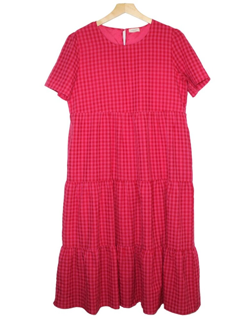 Orange Creek women's dress size L pink gingham tiered maxi short sleeve cottage